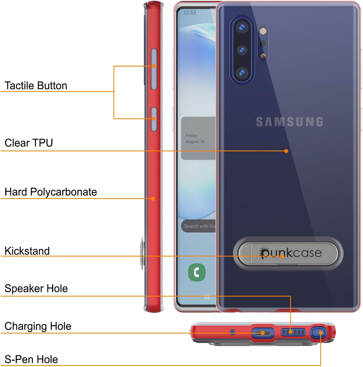 Galaxy Note 10 Plus Case, PUNKcase [Lucid 3.0 Series] [Slim Fit] [Clear Back] Armor Cover W/Integrated Kickstand & PUNKSHIELD Screen Protector Compatible W/Samsung Galaxy Note 10+ Plus [Red]