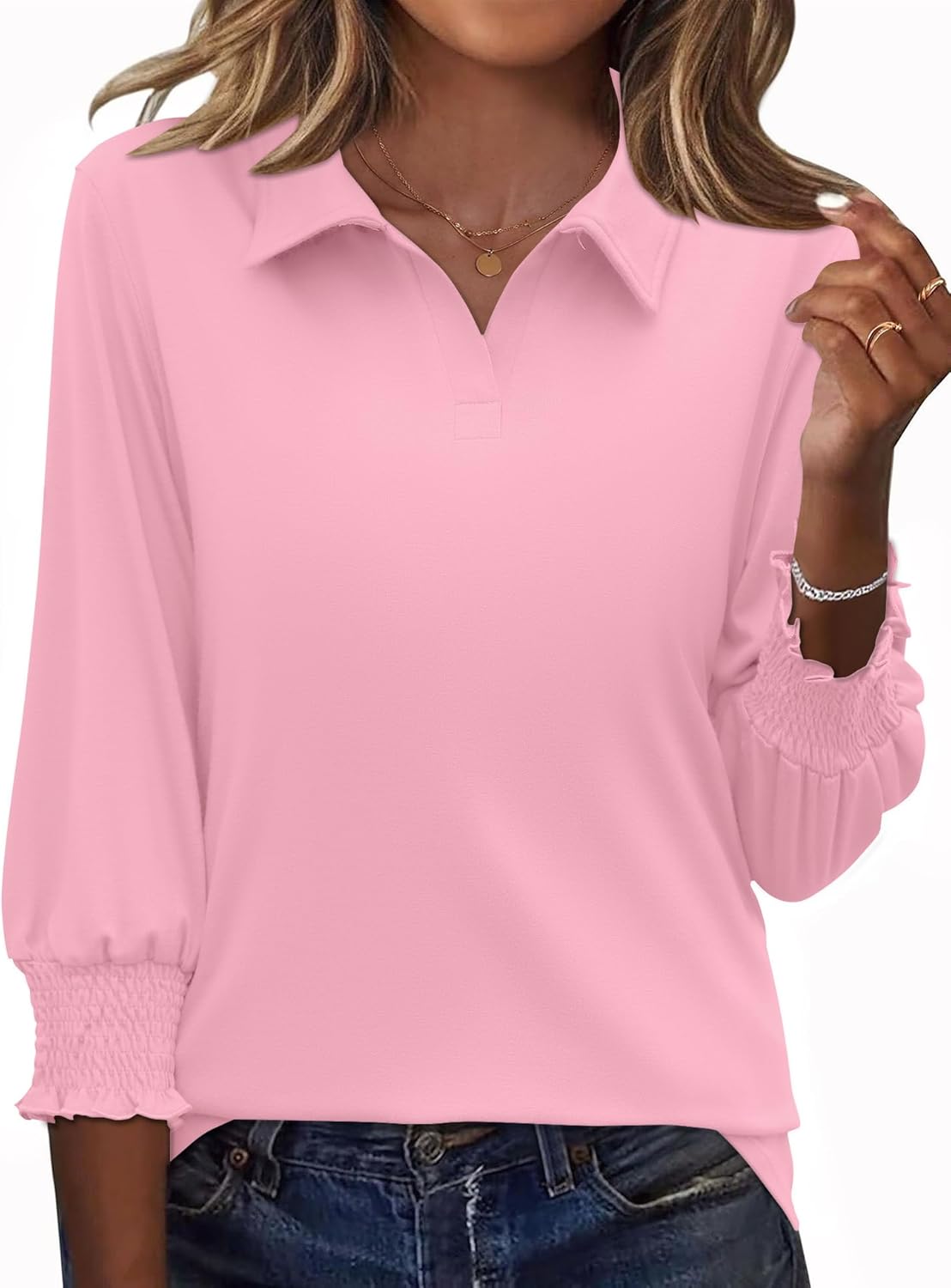 Ivicoer Womens 3/4 Length Sleeves Polo Shirts Collared Tops Business Casual Blouses Basic Tees Trendy Outfits Spring Clothes