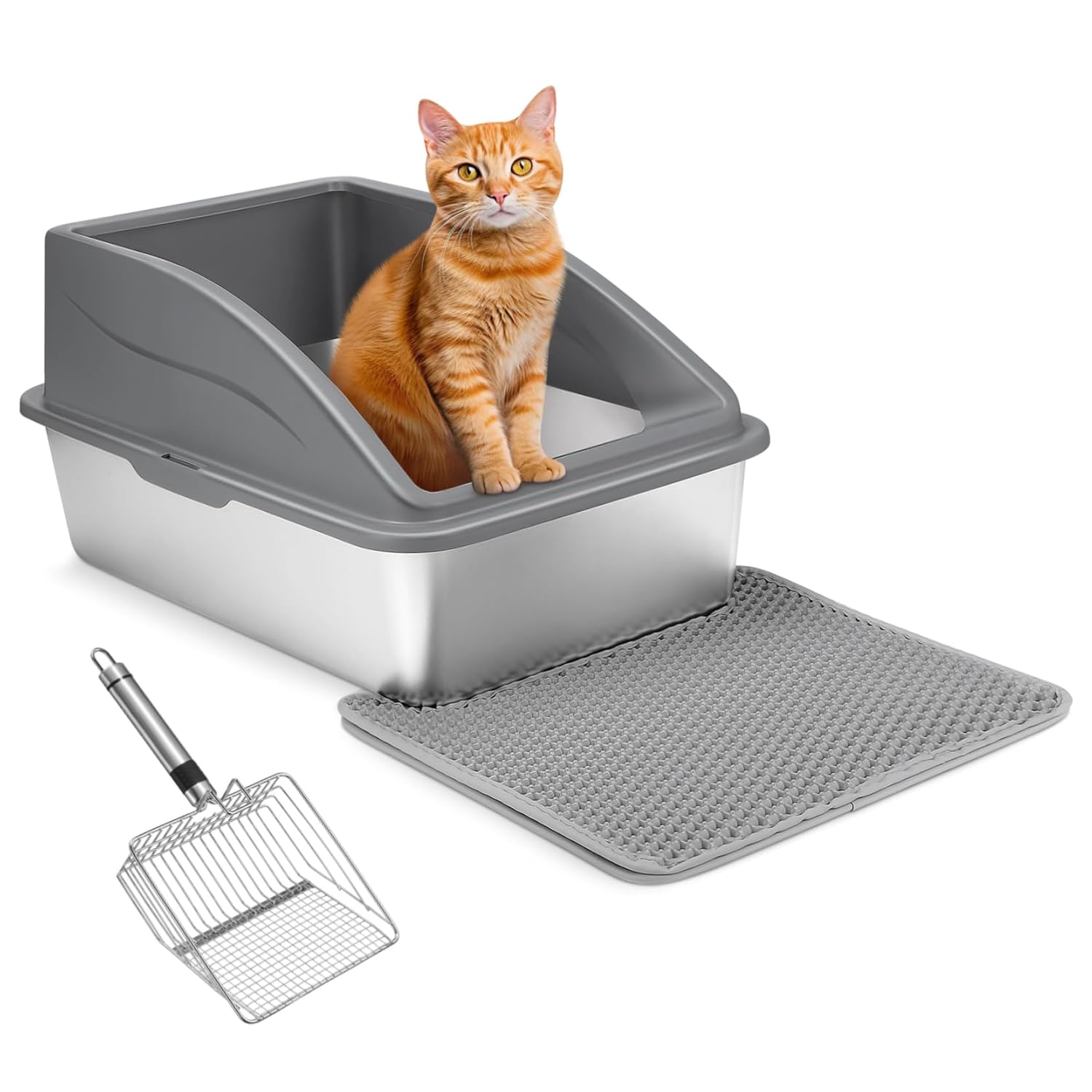 Yardwe P Entry Cat Litter Box Large Self-Cleaning Cat Toilet Metal Litter Pan High Walls for Cat Supplies