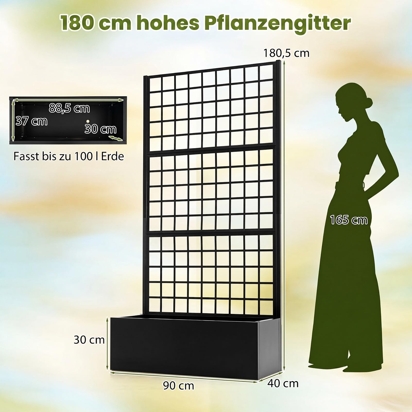 COSTWAY Blumenkasten mit Rankgitter, Pflanzkasten aus verzinktem Metall | Pflanzkübel Sichtschutz, Hochbeet mit Spalier & Abflusslöchern, Rankhilfe für Kletterpflanzen Garten Terrasse, 180,5 cm hoch