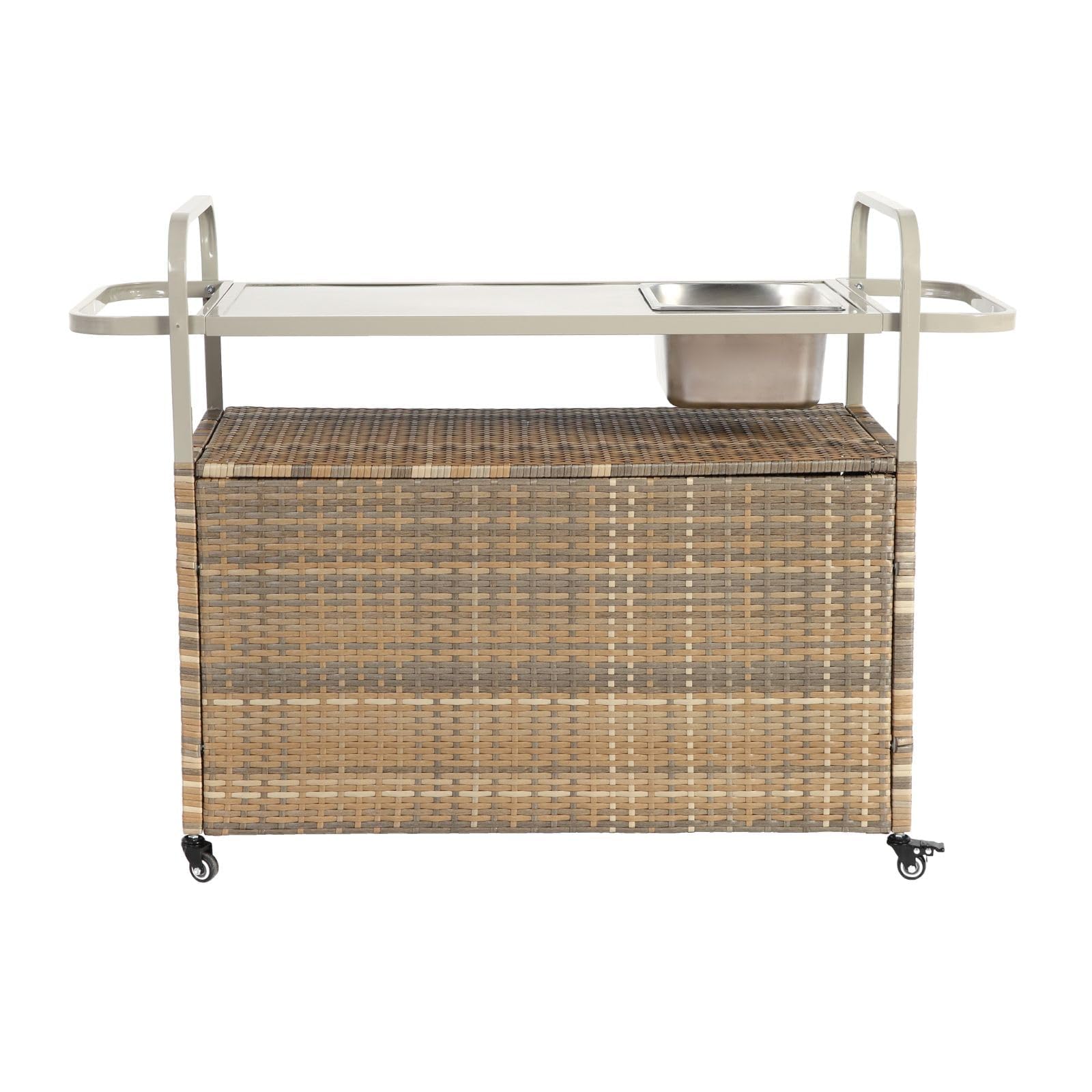 Mesa de Bar para Exteriores, Carrito de Bar de Mimbre con Armario, Carrito de Servicio para Patio con Superficie de Acero, con una cubitera, Ruedas con Bloqueo, Color Beige