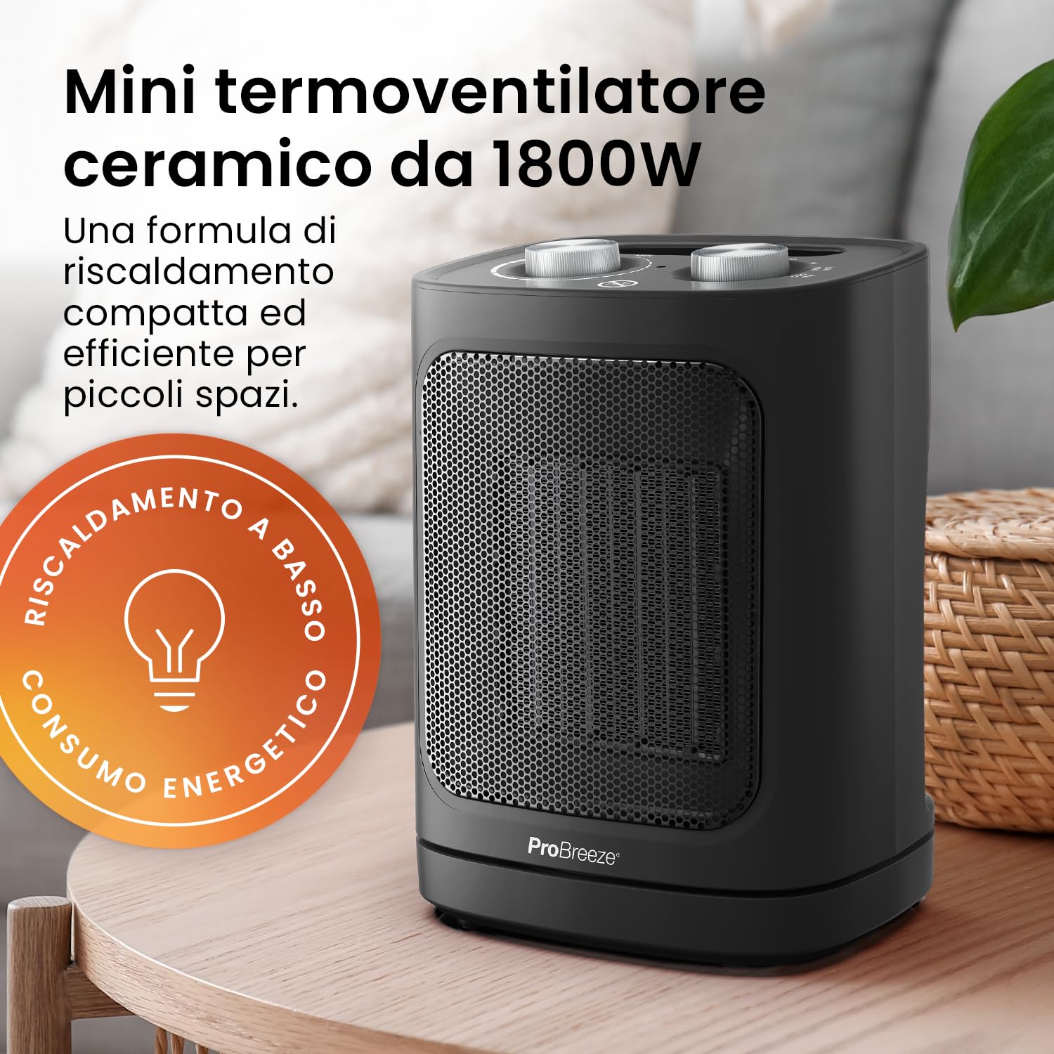 Pro Breeze Stufetta Elettrica a Basso Consumo in Ceramica 1800 W – Oscillazione Automatica, 2 Impostazioni di Calore e Modalità Solo Ventola. Stanze, uffici, bagno - Termoventilatore