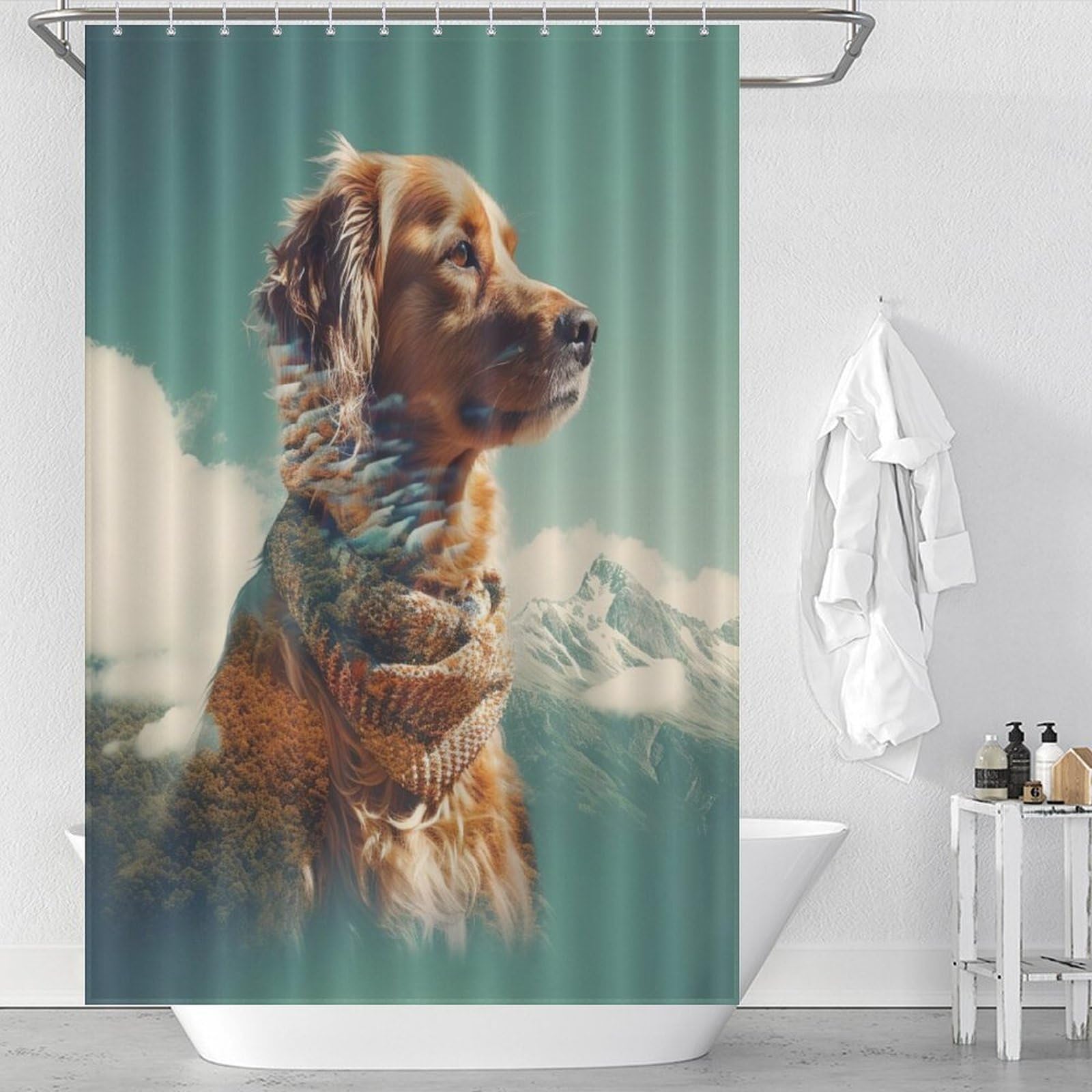 Rideau de douche chien mignon en tissu imperméable et lavable 122x183 cm pour baignoire