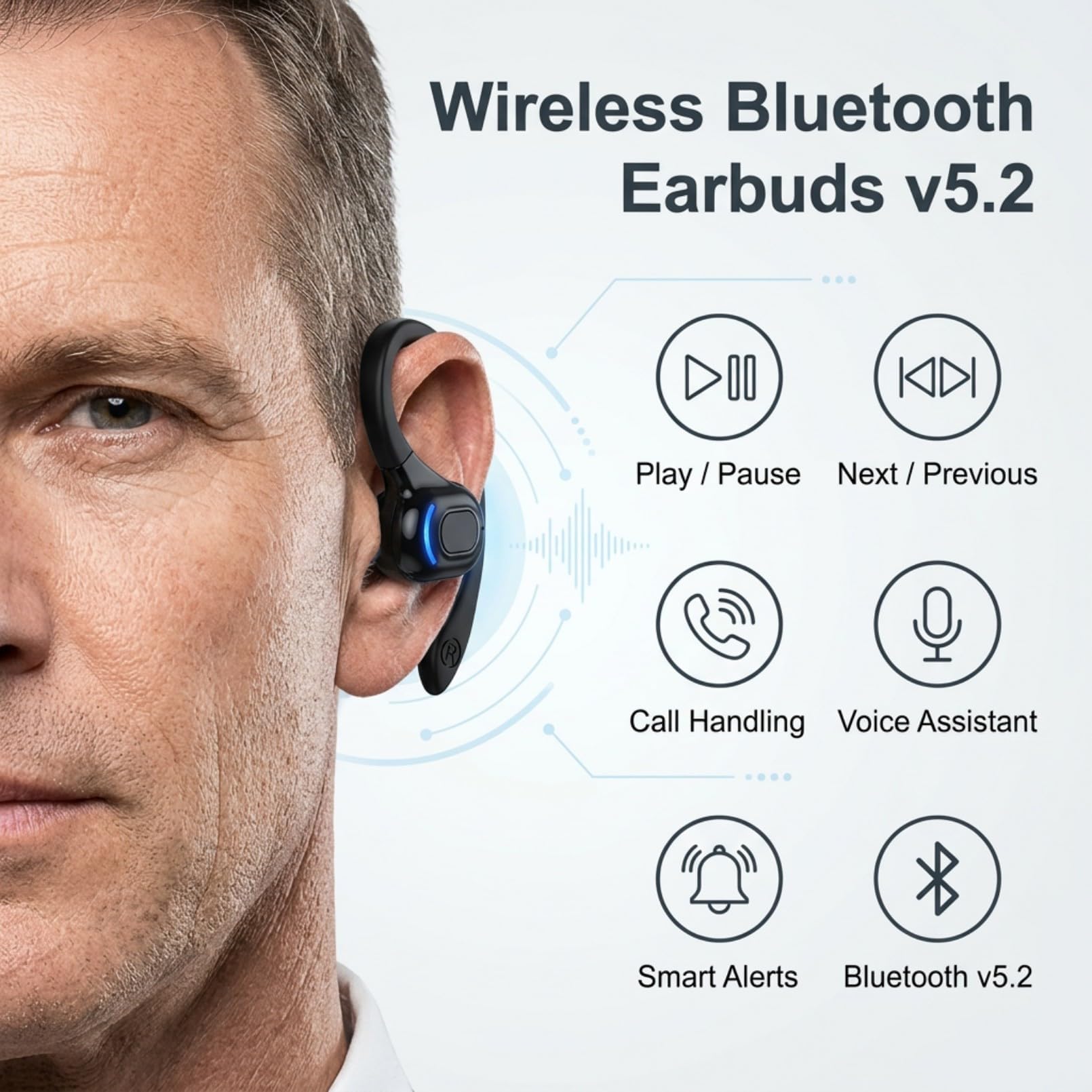 Oreillette Bluetooth Sans Fil V5.2 avec Micro Intégré, Écouteur Mono Main Libre Bluetooth, Tour d’Oreille 360°, Réduction de Bruit, 20 h d’Autonomie, Compatible avec iPhone, Android, Conduite, Sport