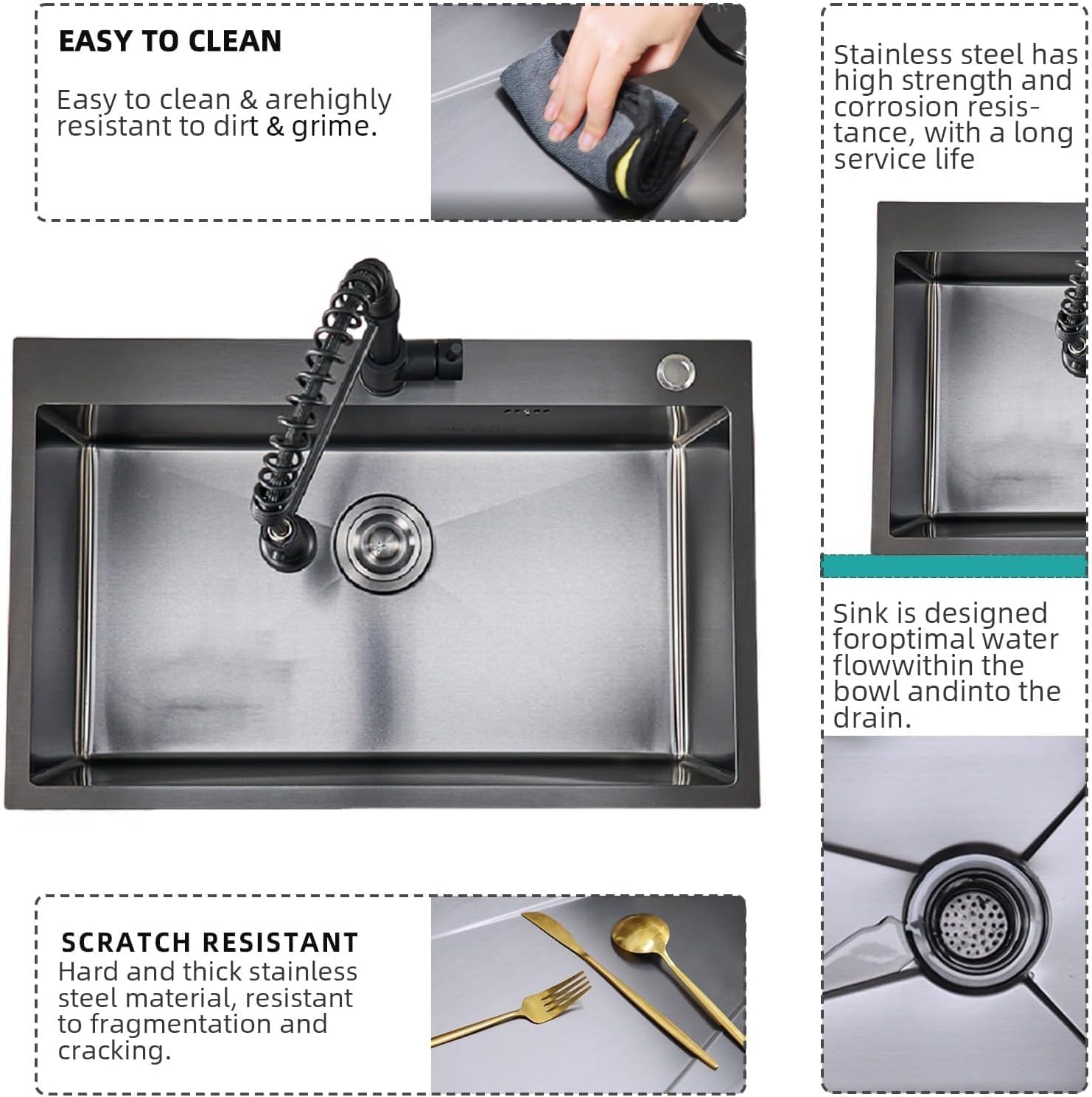 33x22 Drop In Kitchen Sink with Faucet, Black Stainless Steel Workstation Sink, Top Mount Single Bowl Kitchen Sink with Accessories, 9 Inch Deep