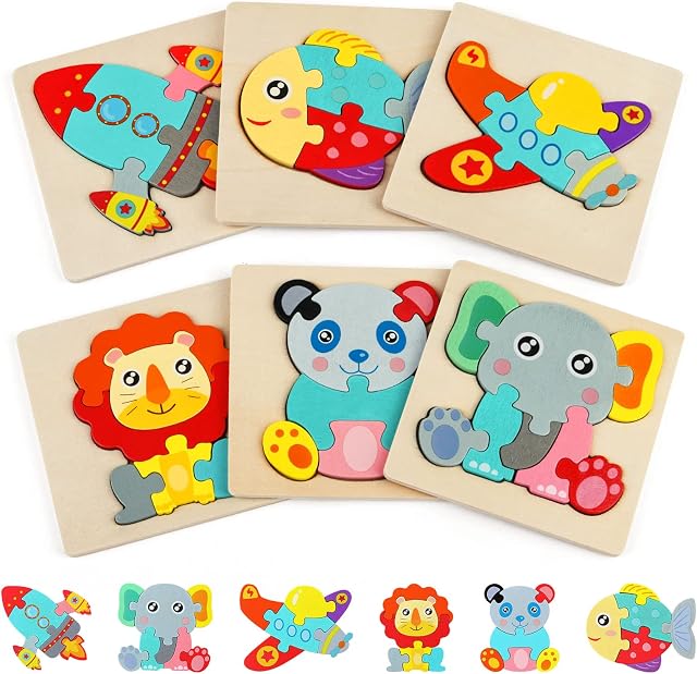 Vicloon Wooden Jigsaw Puzzles for Toddlers, 6Pcs Animal Puzzle Jigsaw Set Early Learning Baby Kids Educational Toys Gifts, 3D Animal Puzzle Toy Babies Games for Learning Animals