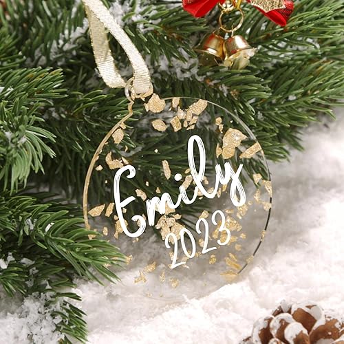 UNIQOOO Juego de 12 adornos acrílicos 2023, decoraciones de Navidad en blanco personalizadas, copos de hojas doradas, adornos colgantes de árbol,