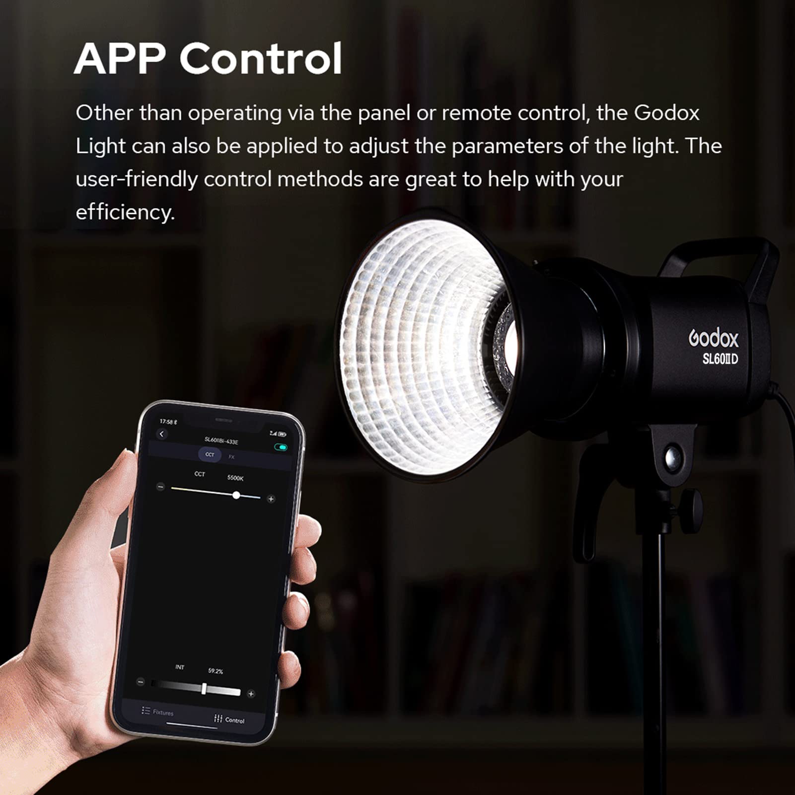 Godox SL60IID 70 W studyjna lampa wideo LED CRI 96+, TLCI97+, 5600 K ± 200 K, 8 trybów świetlnych, obsługuje aplikację/sterowanie bezprzewodowe 2,4 G / sterowanie na pokładzie + 5 sztuk ściereczki do