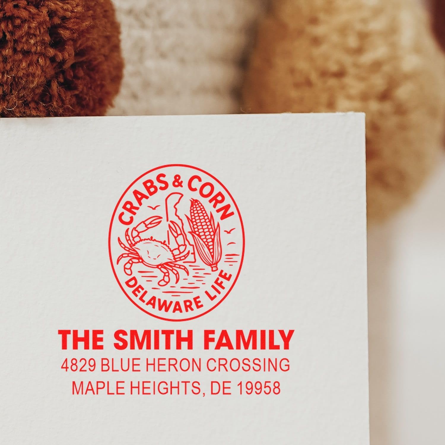 Delaware Crabs & Corn, & Corn Custom Three Line Ink Stamp, Standard 1-5/8 Square Wood Handle, Personalized Seafood Business Bespoke Design, with Included for Crafting Branding