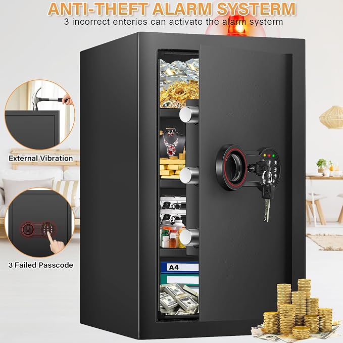 4.0 Cub Large Home Safe Fireproof Waterproof, Anti-theft Fireproof Safe Box with Programmable Keypad, Spare Keys and Removable Shelf, Digital Security Safe for Home Money Firearm Documents Medicines
