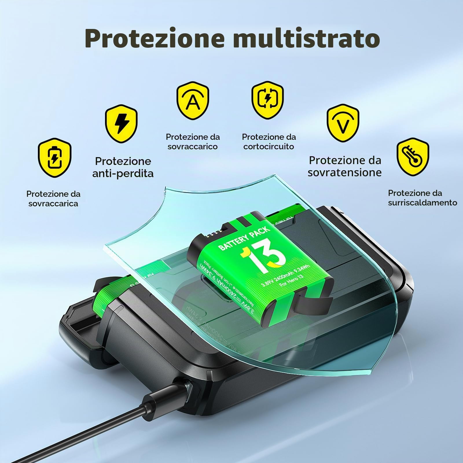 Hero 13 Batteria con Caricabatterie per Hero 13 Black, Mission 1, Mission 1 Pro - Caricabatterie con display LCD, slot per schede TF, adatto alle basse temperature, caricatore tascabile