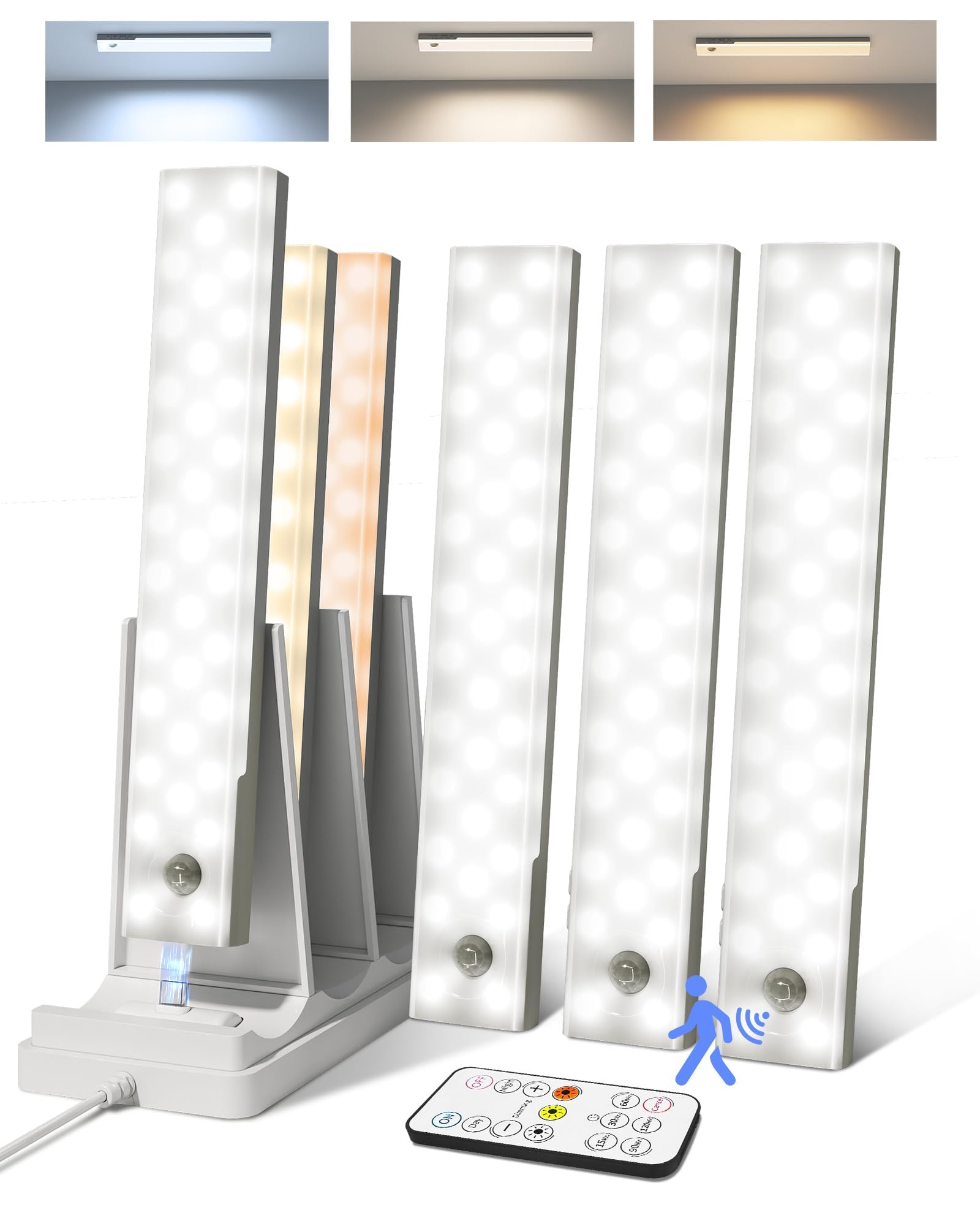 EZVALO Lampada da incasso da cucina a LED con stazione di ricarica 62 LED, 2000 mAh, illuminazione per armadio con 3 temperature di colore, dimmerabile, senza fili, con sensore di movimento, per