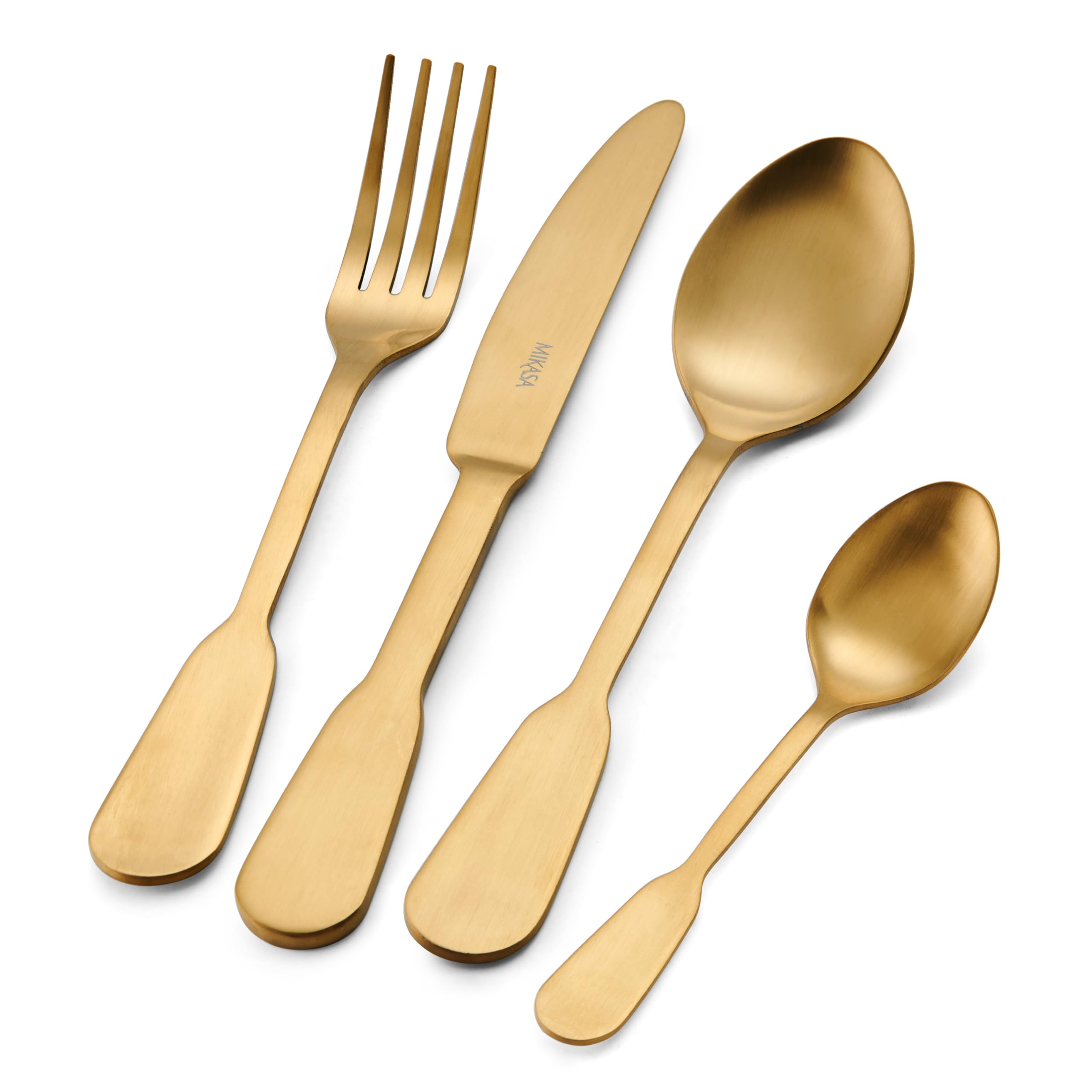 Mikasa Soho Gold 16pc Edelstahl Besteck Set, Gold Besteck Set für 4 | Enthält 4x Messer, 4x Gabeln, 4x Dessertlöffel und 4x Teelöffel - Spülmaschinenfest