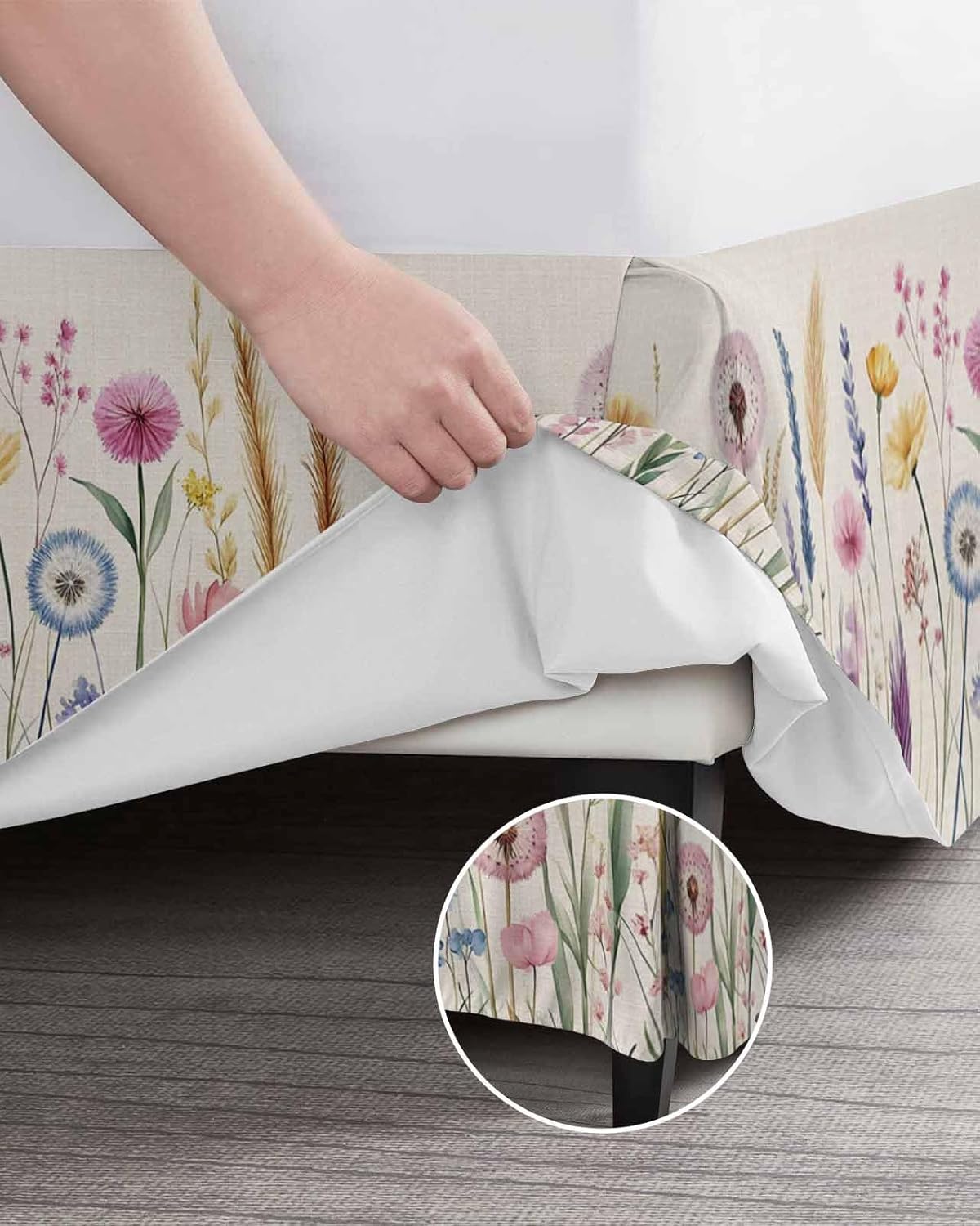 Spring Floral Bed Skirt Queen Size 16 Inch Drop with Split Corners, Dust Ruffled Pleated Bed Skirts Wrap Around Tailored Beds Skirt Valance for Bedroom Summer Botanical Wild Flower Rustic