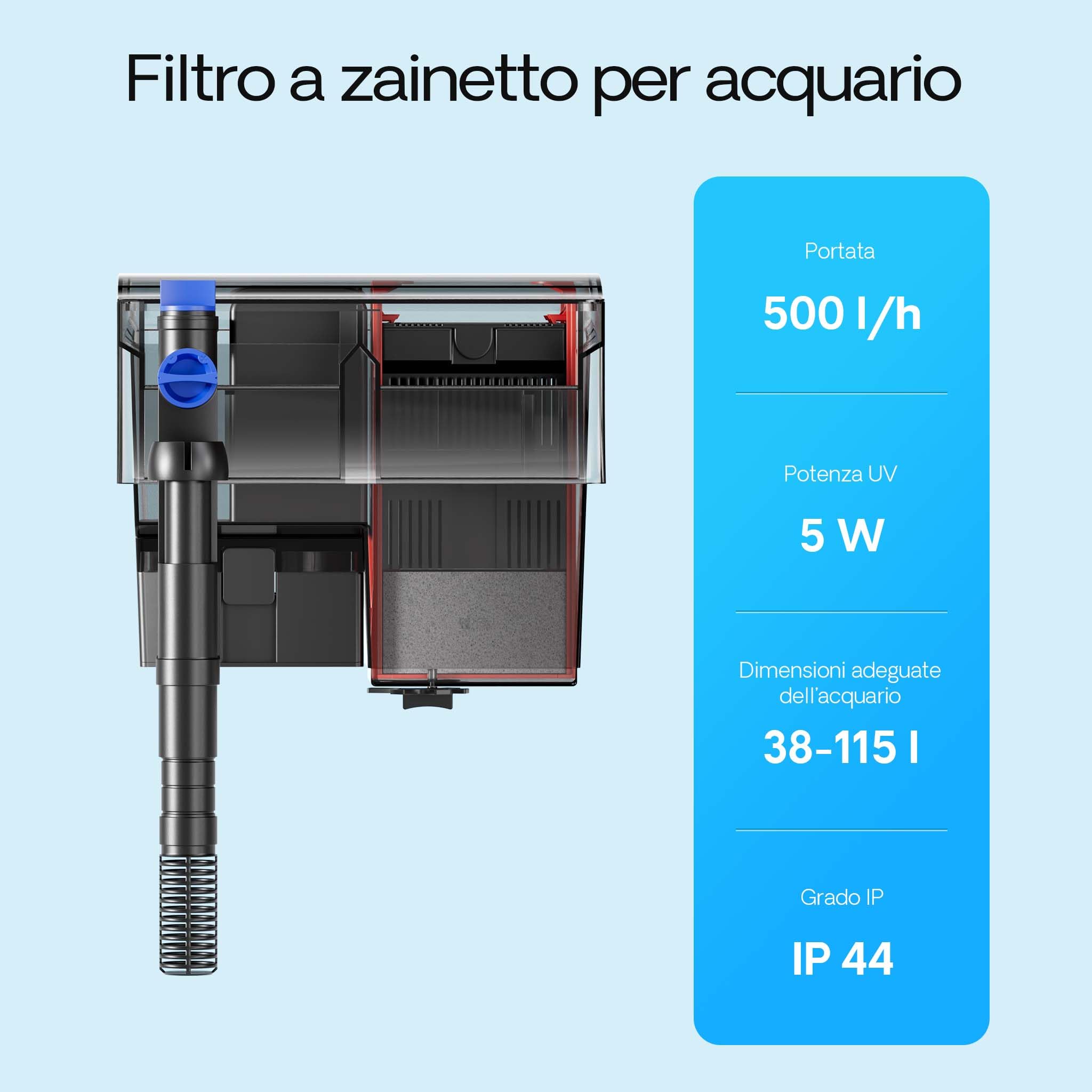 SunSun CBG-500 Filtro a Zainetto per acquari da 38-115 l, Pompa da 500 l/h, con sterilizzatore ultravioletto da 5W, Materiali filtranti Inclusi