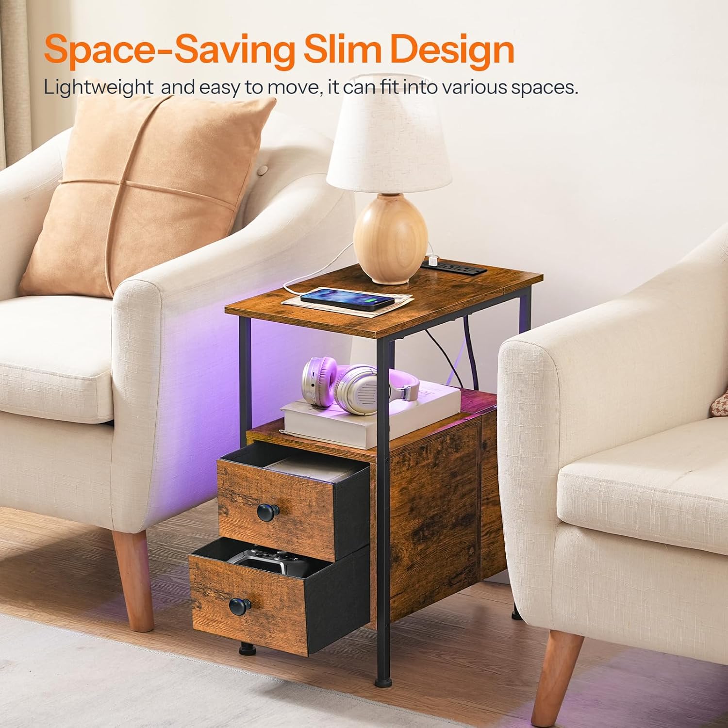 HOOBRO End Table with Charging Station & Led Light, Narrow Side Table with 2 Drawers & USB Ports & Power Outlets, Nightstand for Small Spaces, for Living Room, Bedroom, Rustic Brown Black BF436UDBZ01