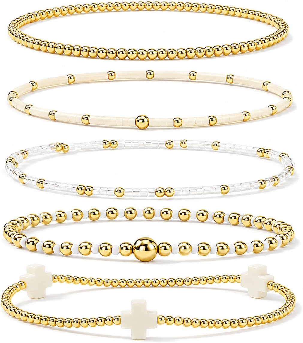 Gold Bracelets for Women, Beaded Cross Stack, Non Tarnish Set,Set-1 | Gold Beaded Bracelet Stack with Stretch Fit, Waterproof Finish and Dainty Design for Everyday Wear and Gifts