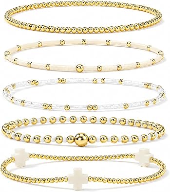 Cross Bracelet Stack for Women, 14K Gold Plated Beaded Jewelry Set
