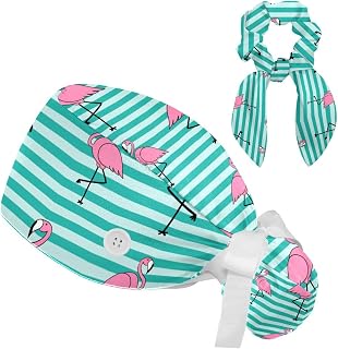 FVQL 2 Pieces Surgical Cap for Long Hair Scrub Cap with Hairband Nurse Cap, Flamingo and Stripe Pattern