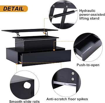 LED Lift Top Coffee Table with Storage Drawers and Hidden Compartment,Smart Bluetooth APP RGB Light Control,Glossy Surface with Hydraulic Lift Stand,Sliding Rails,Multifunctional Tabletop (Black)