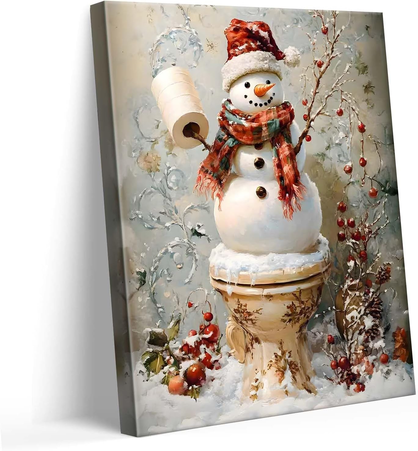 Funny Snowman Bathroom Wall Art - Christmas Toilet Snowman Paper Holder Canvas Pictures Print Poster Framed Artwork, Holiday Wall Decor Artwork for Bathroom or Living Room 11x14inch