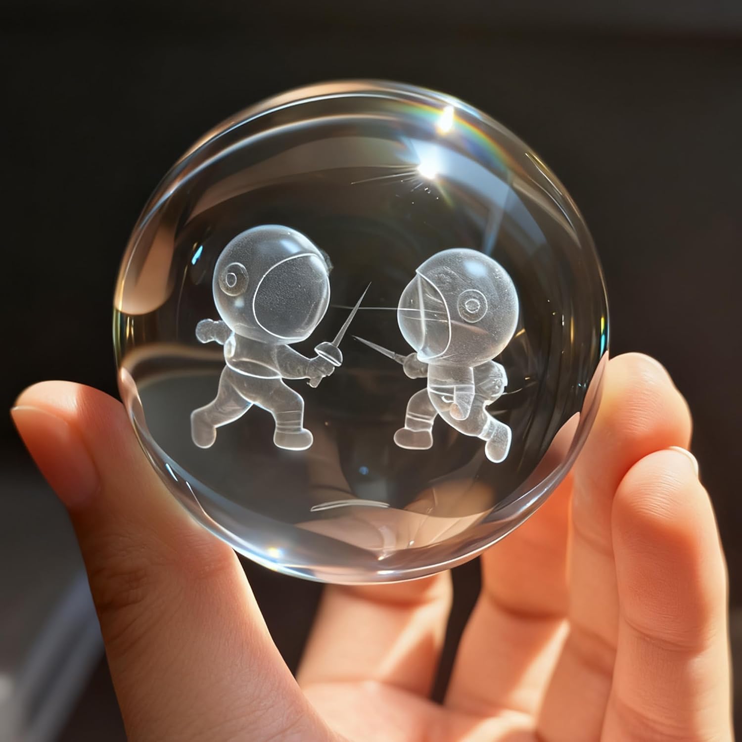 LEONARK Fencing Souvenir, 2.36" Crystal Ball with Fencing Cartoon Characters, USB-Powered Light-Up Sphere with Wooden Base, Color-Changing LED Night Light & Desktop Decor