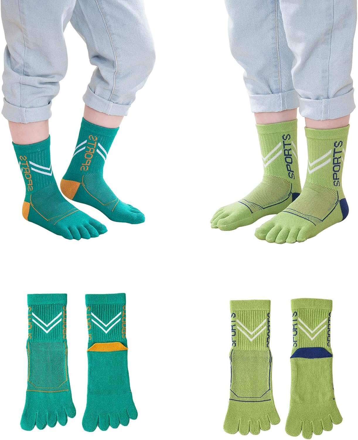 2 Pairs Cotton Five Finger Toe Socks Athletic Sports Breathable Mesh Seperated Socks for Boys Girls Kids Teens 6-15 Years