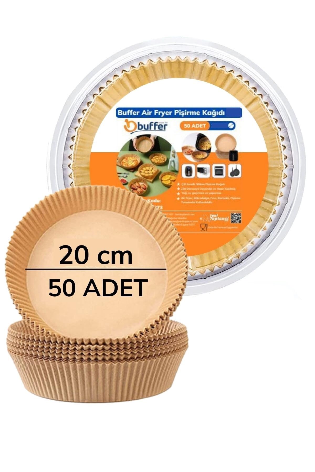 BUFFER® 50 Adet Air Fryer Pişirme Kağıdı Tek Kullanımlık Hava Fritöz Yağ Geçirmez Yapışmaz Yuvarlak Tabak Model PVC