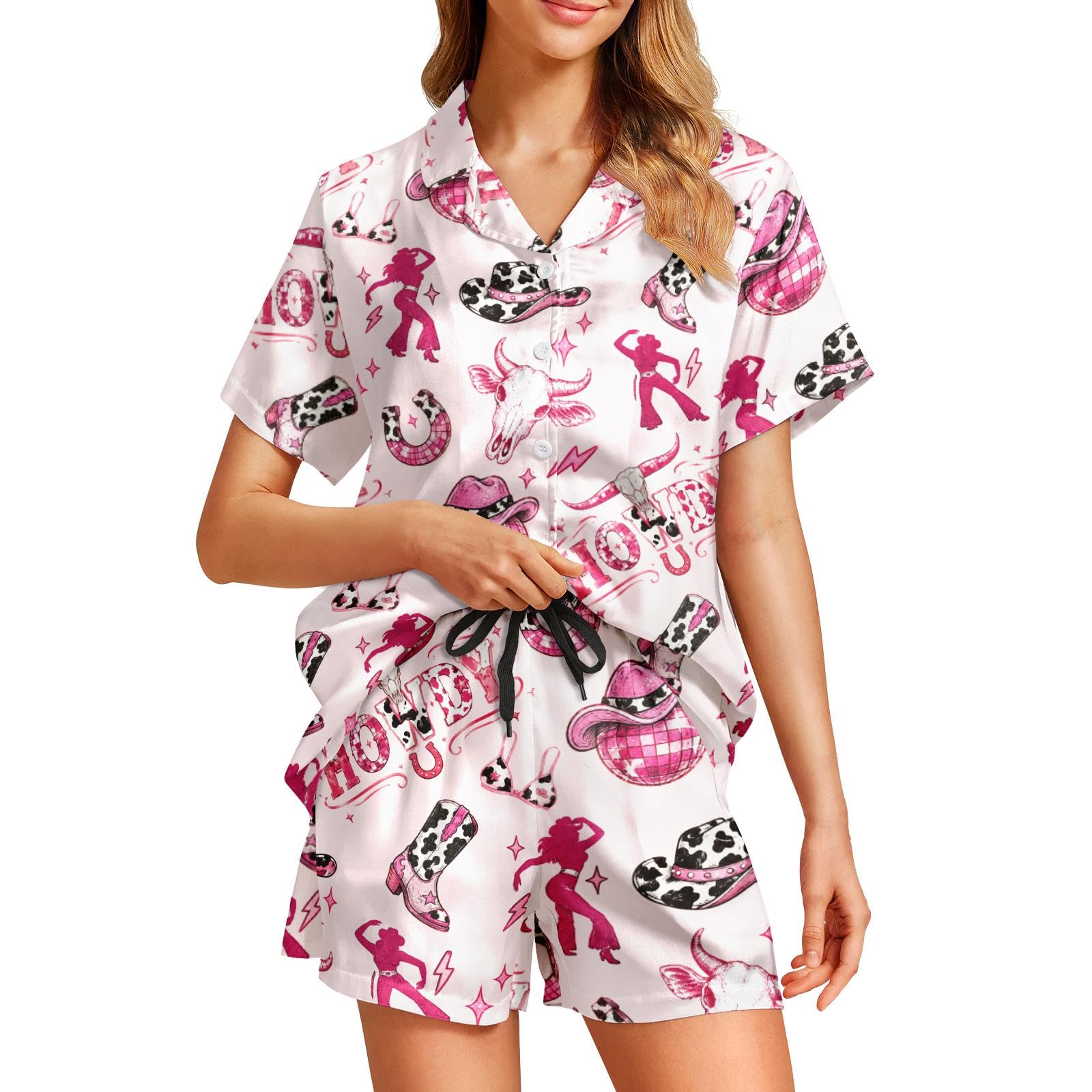Funny Pajamas for Women Set Print Satin Loungewear Pjs Short Sleeve Button Down Top and Shorts Sets Sleepwear XS-3XL