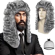 ANOGOL Hair Cap+Judge Wig Lawyer Powdered Wigs Long Curly Grey Silver Wig Men's Colonial Wigs Barristers Cosplay Founding Father George Washington Halloween Costume Party Cosplay Anime Outfit