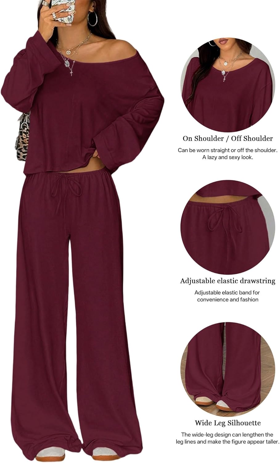 Two Piece Matching Lounge Sets For Women Vacation Airport Fall Outfits Off Shoulder Sweatshirt Wide Leg Sweatpant Set - Image 3