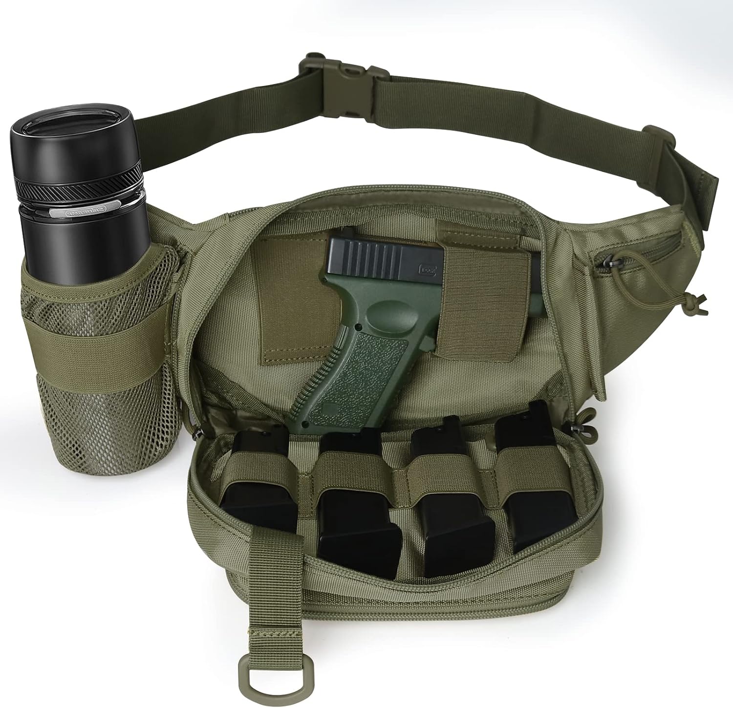 Concealed Carry Pistol Waist bag Tactical Conceal Carry Pistol Bag Fanny Packs Handgun Holster Pouch with Bottle&Gun Holder Fits 1911 Glock etc