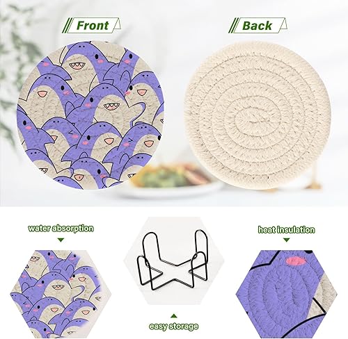 Miniatura 4 de Coasters Set with Holder 6 Pack Coasters for Drinks Absorbent Home Coasters Porta Vasos para Mesas Funny Cute Sharks