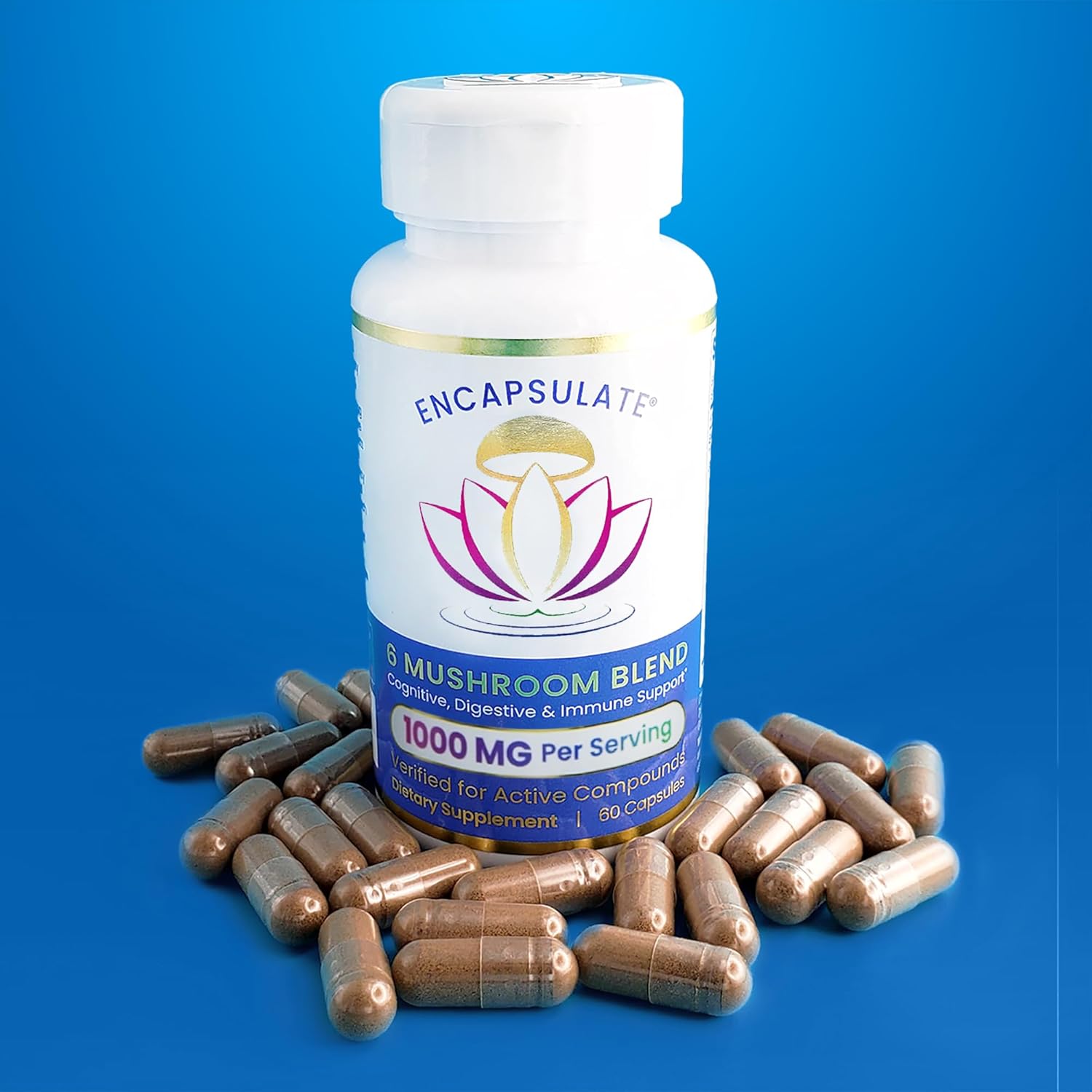 ENCAPSULATE 6 Mushroom Blend – Reishi, Chaga, Turkey Tail, Cordyceps, Lion’s Mane & Shiitake 8:1 Mushroom Extract – Nootropic & Adaptogen Mushroom Supplement for Gut, Brain & Immune Support - 60 Caps