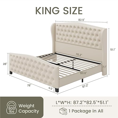 Miniatura 2 de LARMACE Marco de Cama Tamaño King de Plataforma Tapizada en Terciopelo con Cabecera Wingback y Pie de Cama, Marco de Cama con Capitoné de Botones