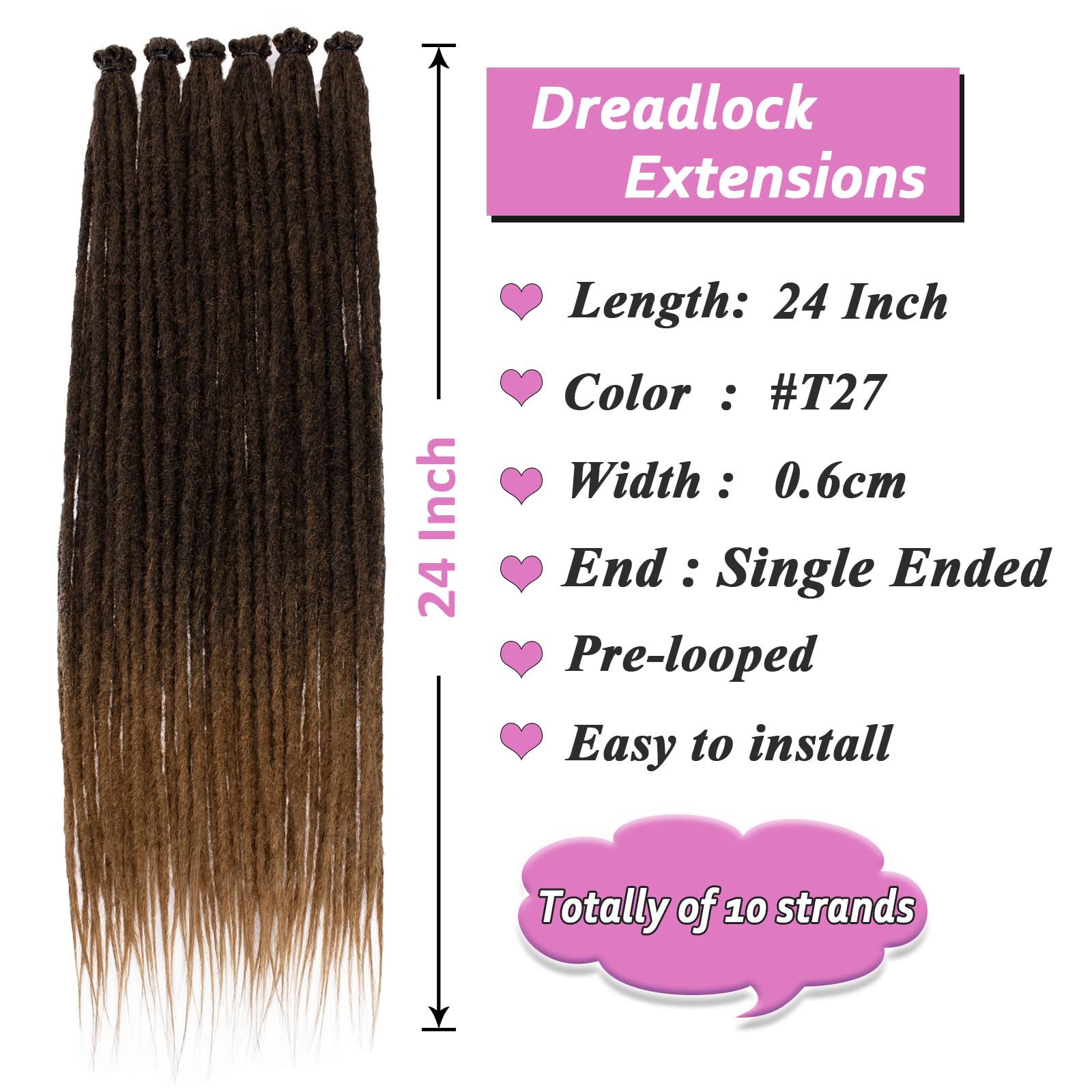 Samtress Dreadlock Extensions 24 Inch 10 Strands 0.6cm Width Soft Reggae Hair Hip-Hop Style Dreads Ombre Blonde Hippie Dreads Handmade Reggae Style Corchet Hair Synthetic (#T27) - Image 2