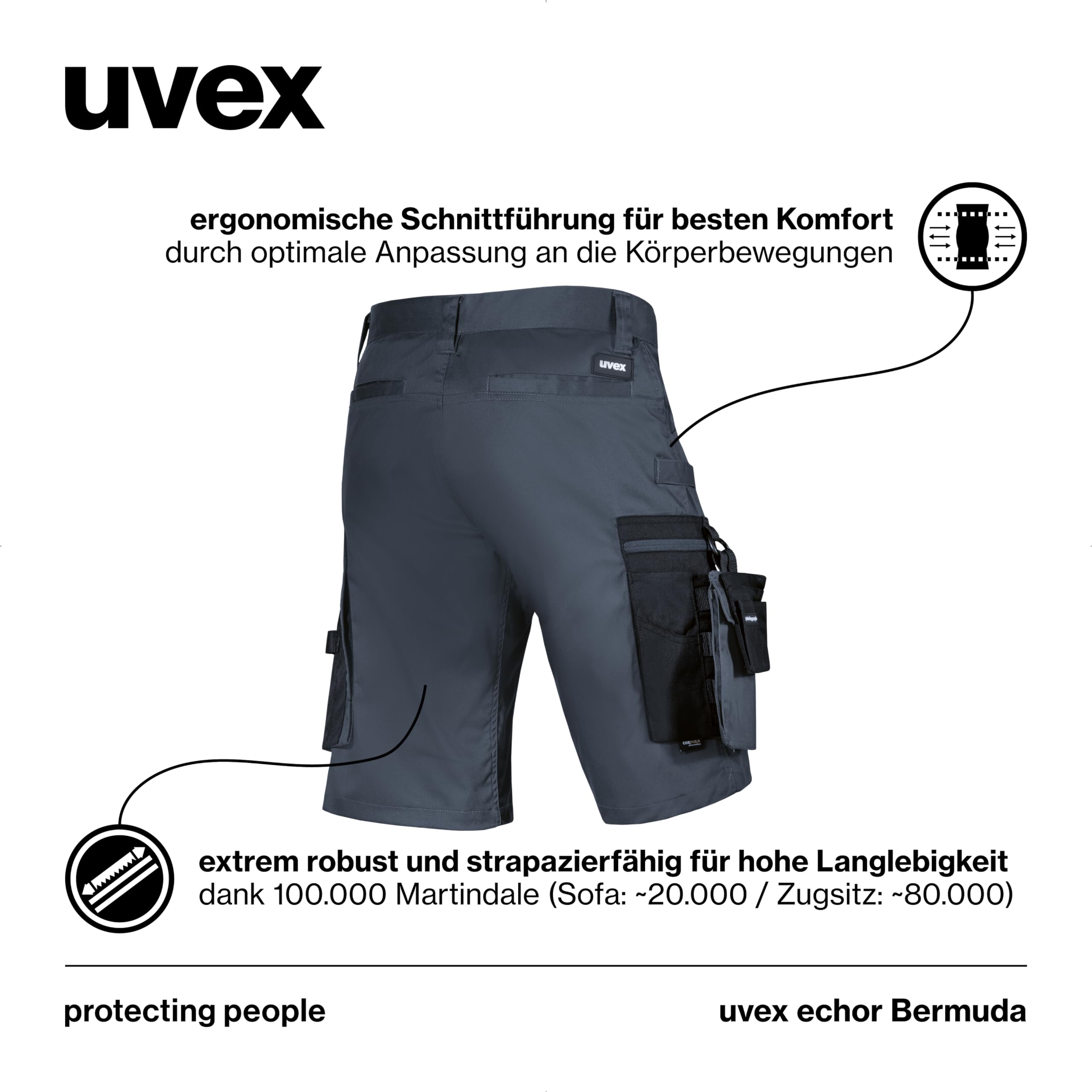uvex echor Short de travail court de qualité supérieure pour homme - Taille extensible, léger, élastique et beaucoup d'espace de rangement