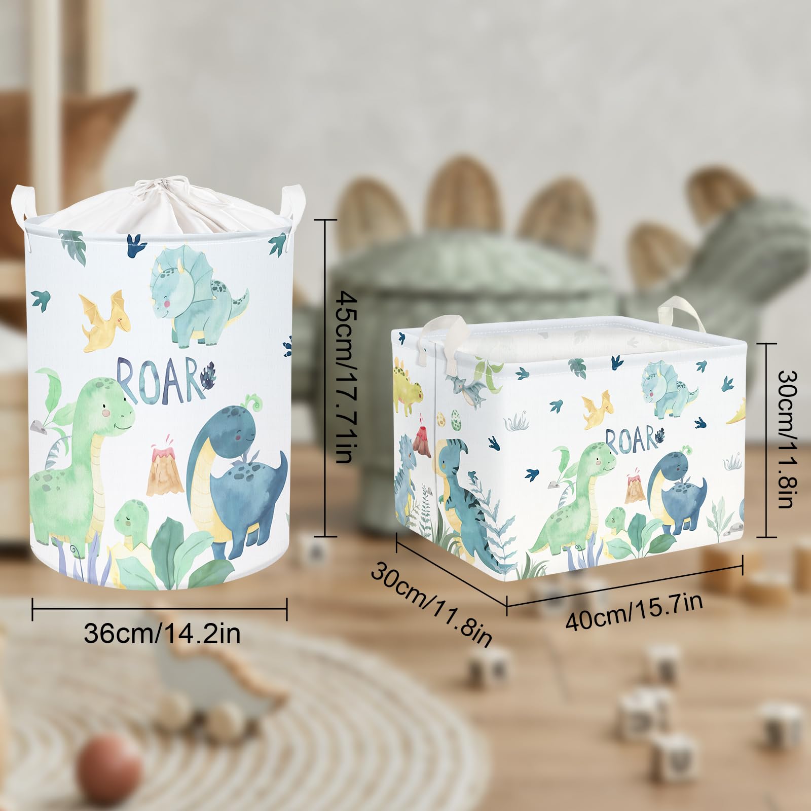 Clastyle Cajas de Almacenaje Verde Dinosaurio Volcán Hoja de Palma Cesta para Guardar Ropa Juguetes Libro Rectangular para Habitación Infantil, 40x30x30 cm