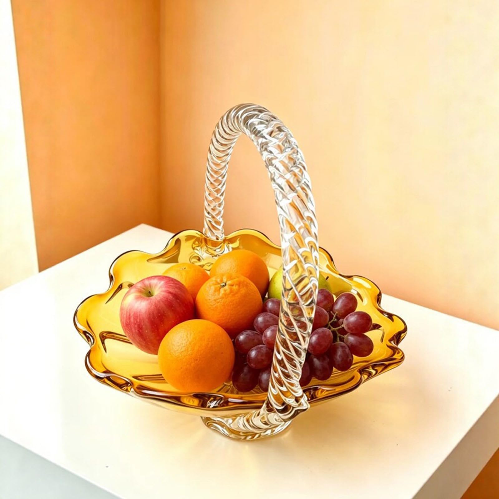 Bandeja de vidrio para servir con mango trenzado, cuenco translúcido perfecto para frutas, aperitivos y platos de vidrio para servir interiores