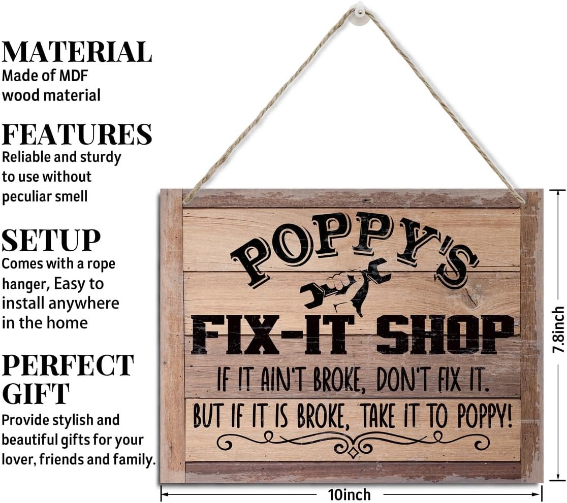 Rustic Sign, Father's Day Gift, Dad's Gift, Hanging Printed Wood Wall Art Sign, Poppy's Fix-It Shop If It Ain't Broke, Don't Fix It. But If It Is Broke, Take It To Poppy! Vintage Sign Gift for Grandpa - Image 2
