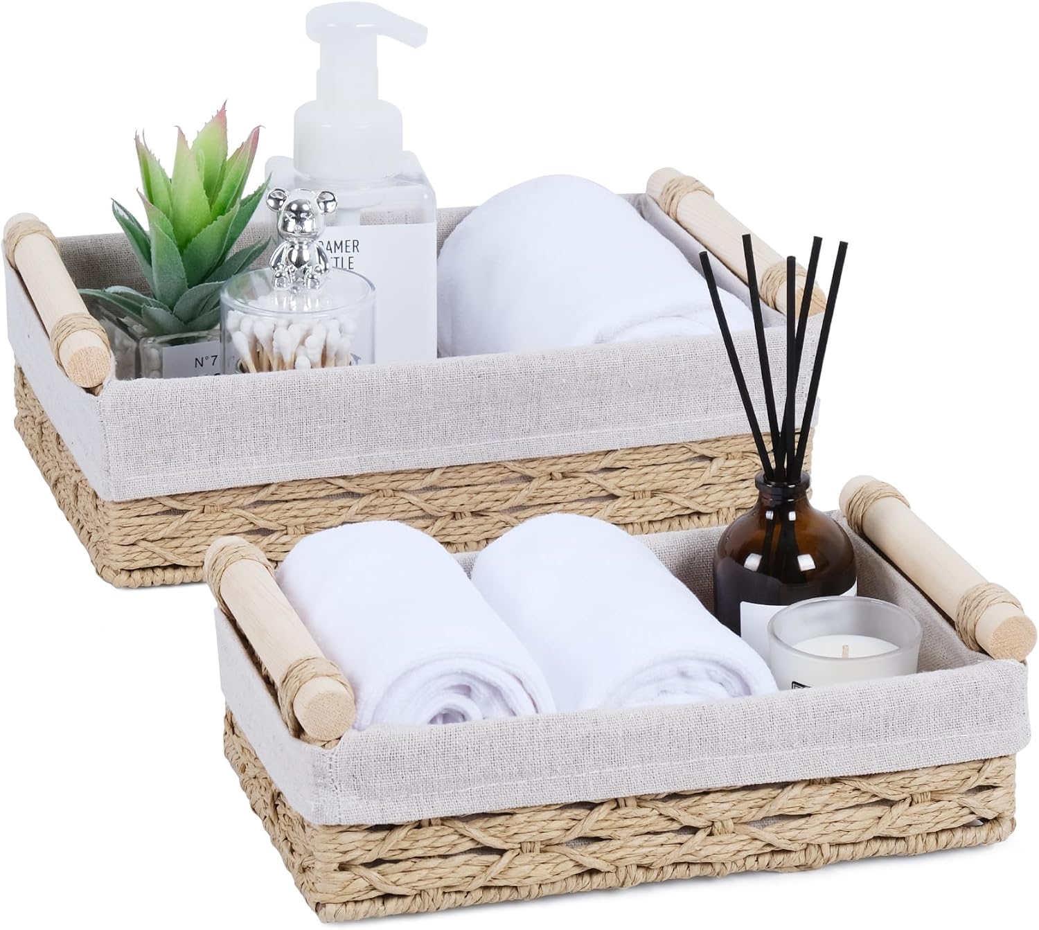 Wicker Storage Basket with Wooden Handle, Paper Rope
