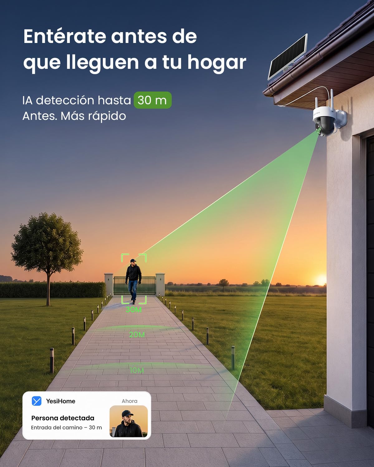 YESYAMO AOV 24/7 Grabación Continua Cámara Vigilancia WiFi Exterior 4MP | Panel Solar 9W, Batería 9000 mAh con Calefacción, Detección IA 30M, 360° Seguimiento Automático, Sin Cables para Casa, 2.4GHz