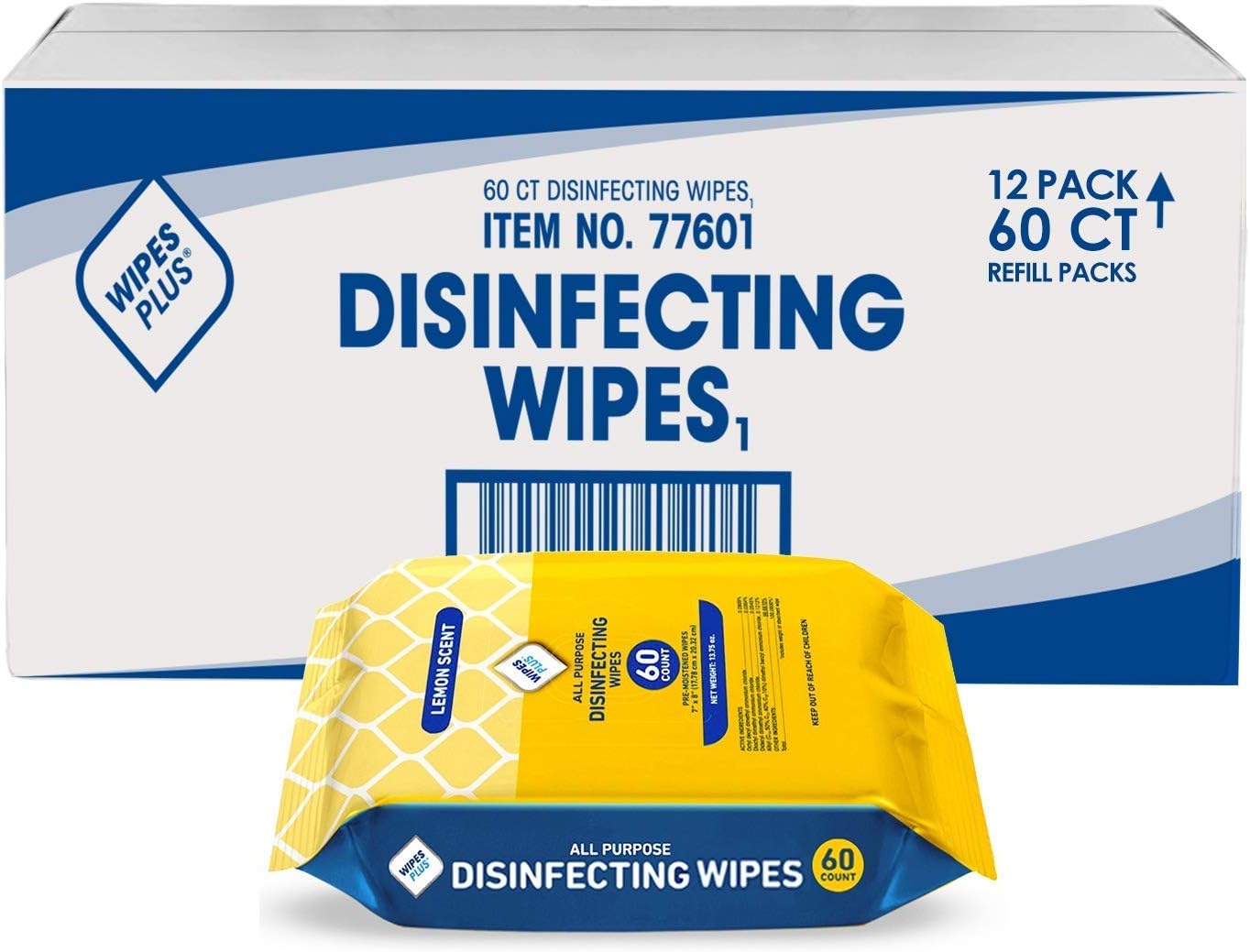 WipesPlus® All Purpose Disinfecting Wipes, 7" x 8", Lemon Scent, 80 Wipes/Packet, Lot of 12 : Health & Household