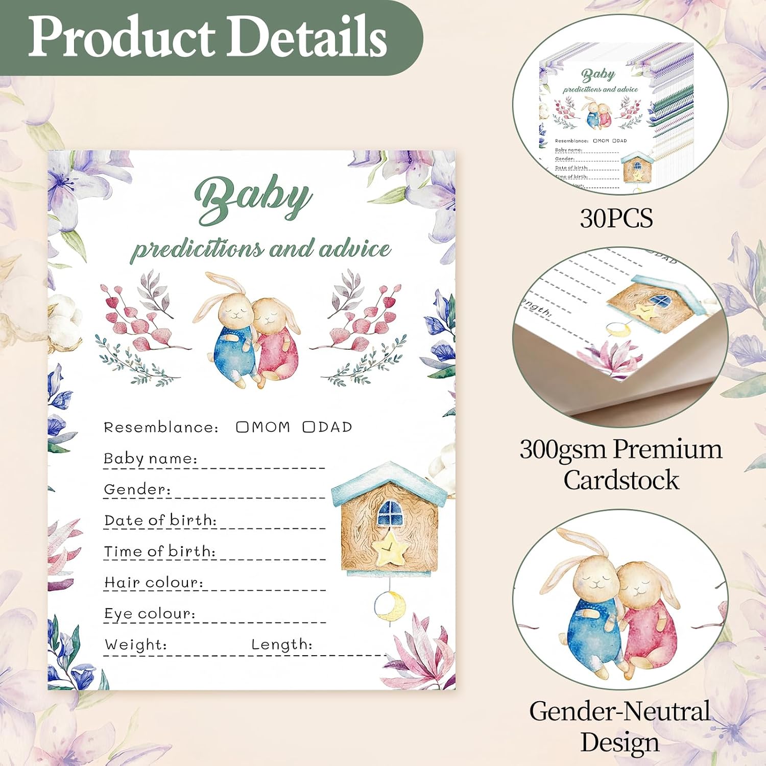 30 PCS Baby Predictions & Advice Cards for Baby Shower, Gender Reveal Games for Guests, Fill-In-The-Blank Advice Wishes for Boy or Girl, Baby Shower Decorations Supplies (Rabbit)