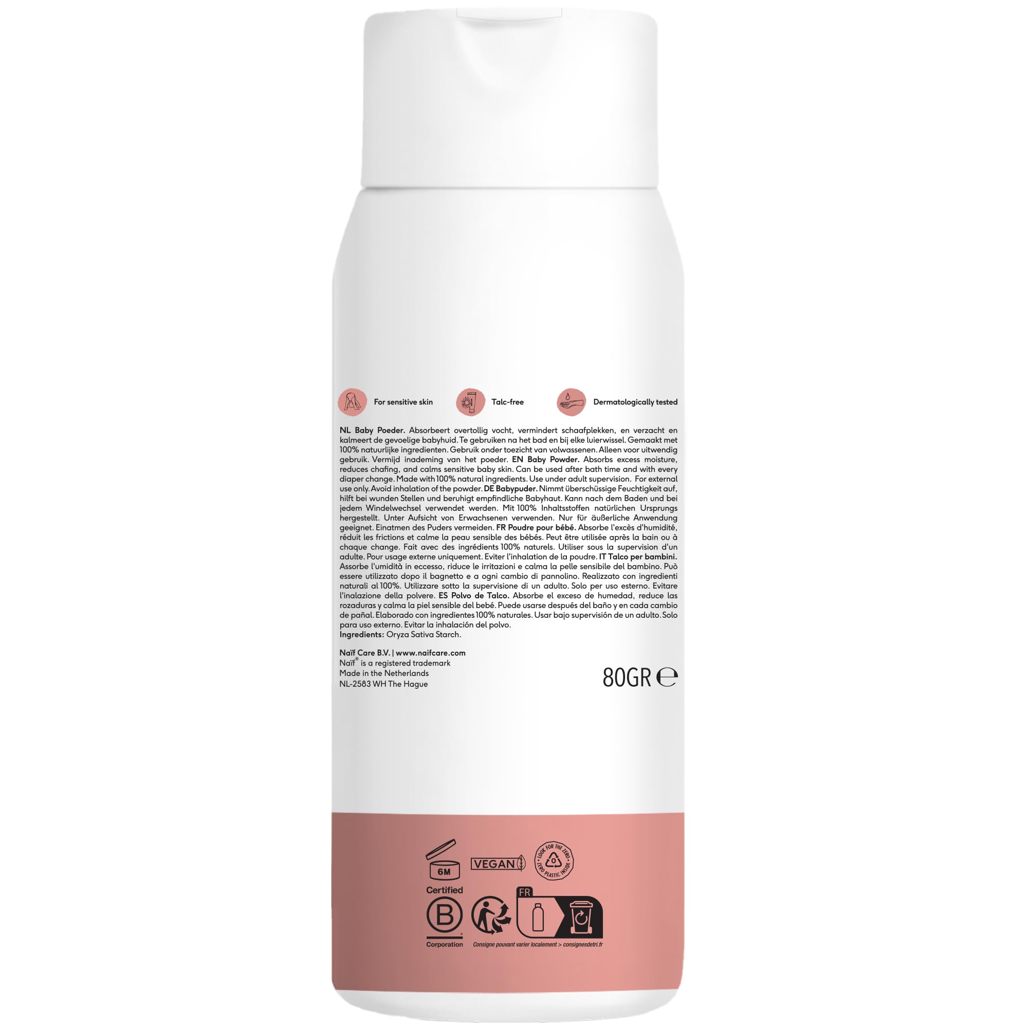 Naïf - Talco per bambini - 100% naturale a base di riso - Adatto ai neonati - 0% profumo - Dermatologicamente testato - Di origine naturale-80 g