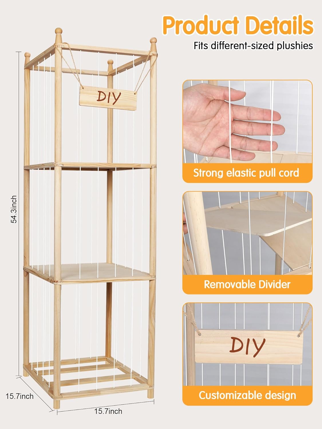 Stuffed Animal Storage & Organizer with Adjustable Layers, 54-Inch Stuffed Animal Holder Zoo, Thicker Elastic Bands, Wood Corner Space-Saving Toy Organizer for Room (White Cords)