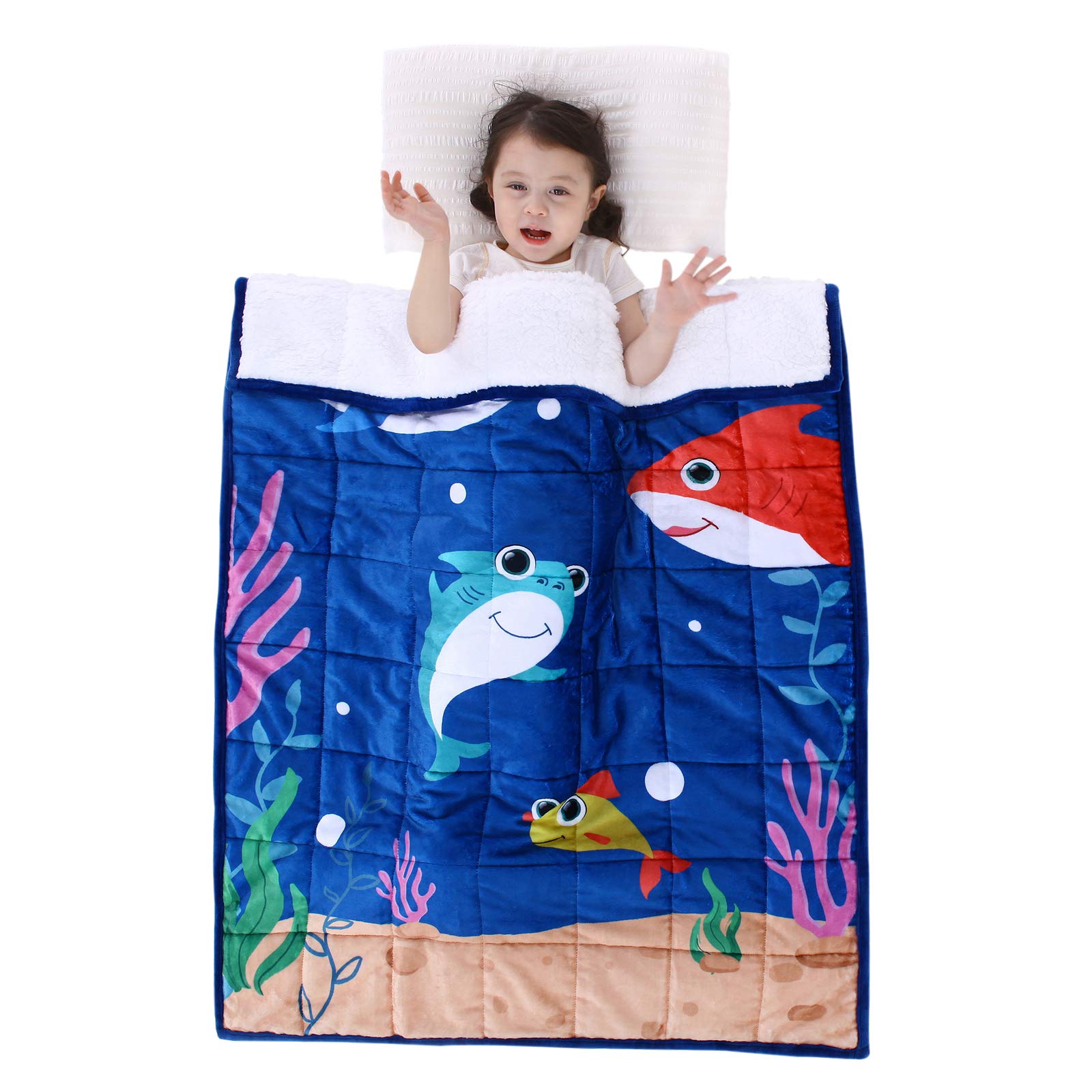TopblanTopblan Kids Weighted Blanket 5lbs, Cloud-Soft Fleece & Fluffy Sherpa Top & Reverse Calming Blanket for Better Sleep, 41 x 60 inches - Blue Shark Baby