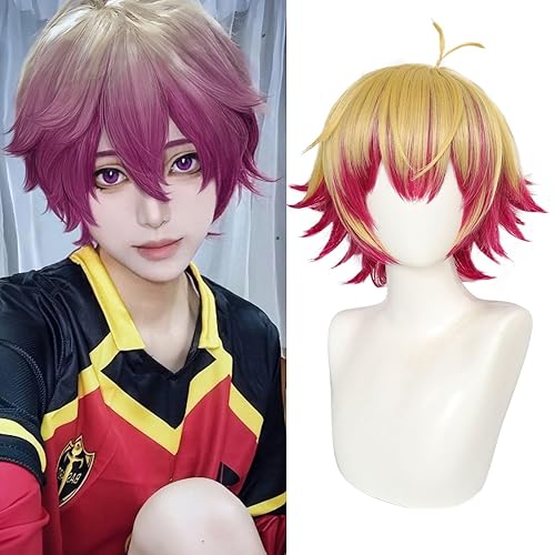 Alexis Ness - Peluca para niños con bloqueo azul, peluca rizada con mezcla de color morado y amarillo para hombres adultos, peluca sintética para