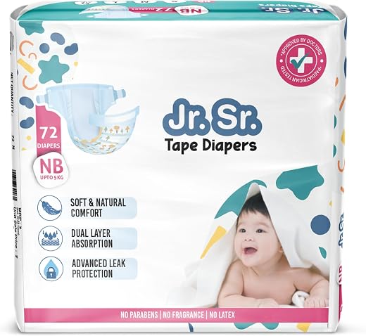 Jr. Sr. Baby Tape Style Diaper | Adjustable Fit For Babies | Newborn/Extra Small (NB/XS) Size (0-5kg), 72 Count | Pack of 1 | Upto 12 hr Absorption with Advanced Leak Protection | Soft & Comfy