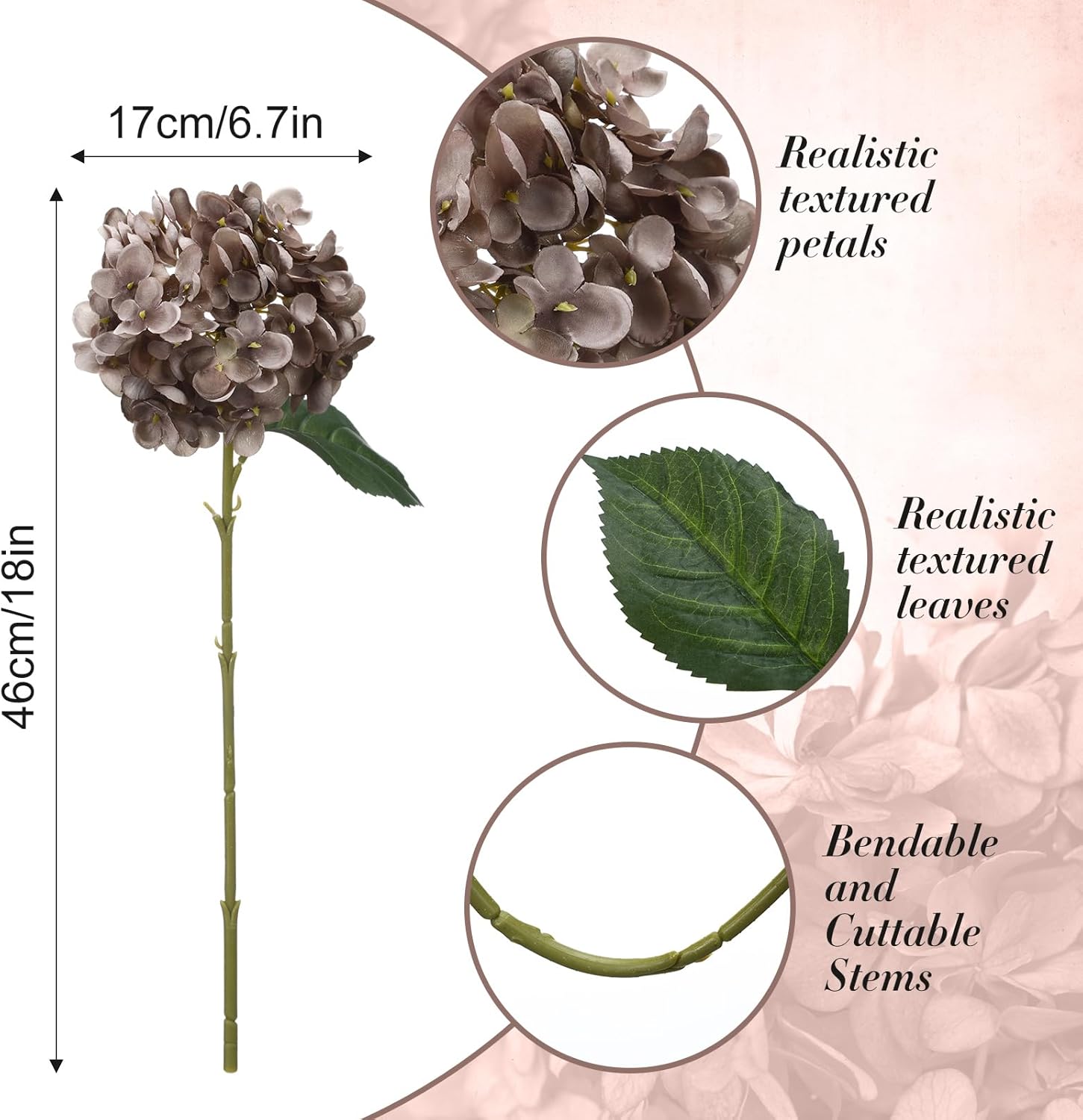 8 Pcs Coffee Brown Hydrangea Artificial Flowers 18 Inch Valentines Faux Hydrangea Flowers with Stems Fake Bouquet Bulk Realistic Floral for Spring Summer Wedding Home Table Indoor Decoration - Image 2